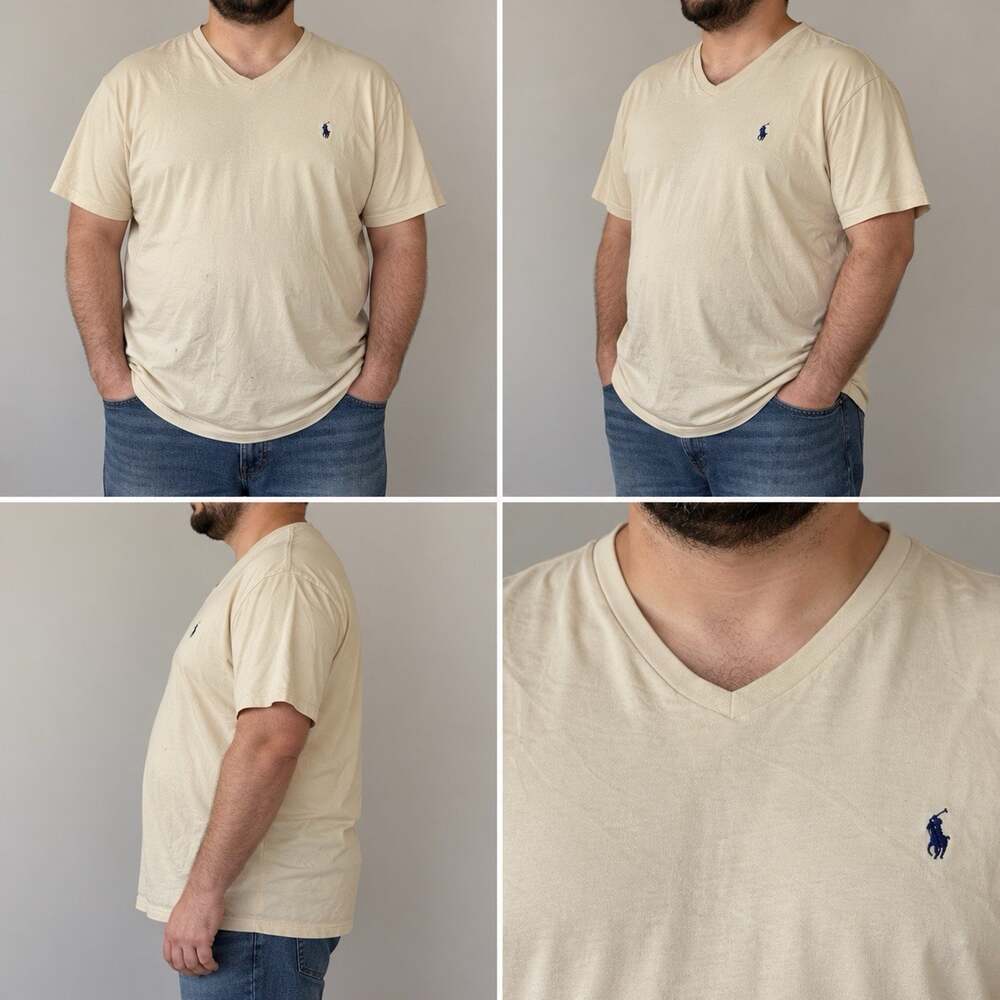 Polo Ralph Lauren T Shirt Men’s XXL Beige V Neck Short Sleeve Blue Pony Logo